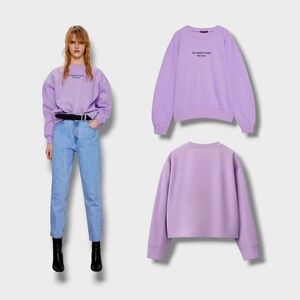 Zara Women's Lilac Oversized Text Print Crewneck Fleece Sweatshirt